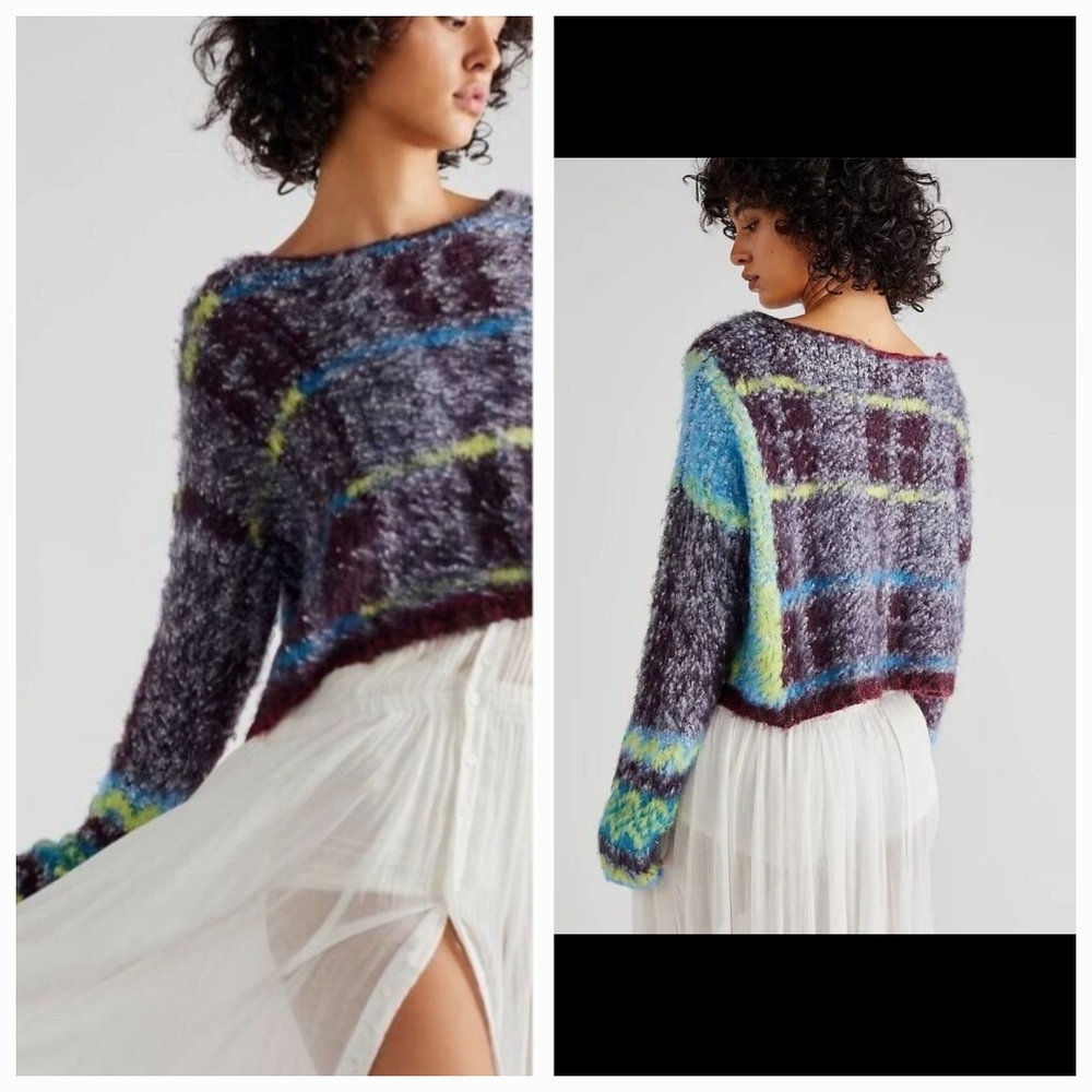 Free People Women's Emerson Plaid Crop Pullover Sweater size L - Picture 3 of 17
